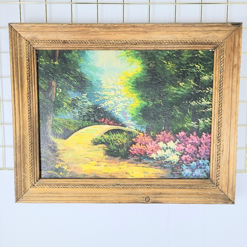 J. Prescott Floral Garden Country Scene Oil Canvas Painting